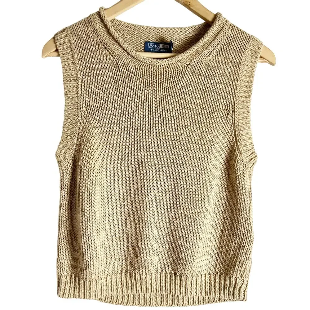 Polo Ralph Lauren Linen Cotton Tan Knit Sleeveless Crewneck Sweater Vest Size L